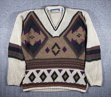 Vintage Grandpa Sweater Geometric Aztec V Neck Heavy Knit Coogi Men s Size L 90s