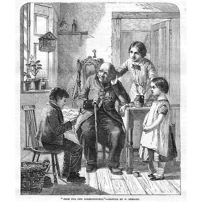 From Our Own Correspondent, Child Reading News To Grandfather-Antique Print 1856