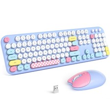 Blue Wireless Keyboard Mouse Combo Full Size Typewriter Cute Cat Shape PC