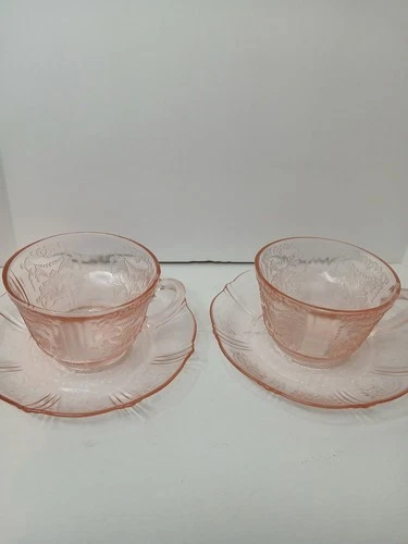 2- Vintage MacBeth Evans American Sweetheart Pink Depression Glass Cups, Saucers