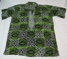 African Dashiki Collar Shirt Green Tribal Print Cotton Tunic NWOT Unisex