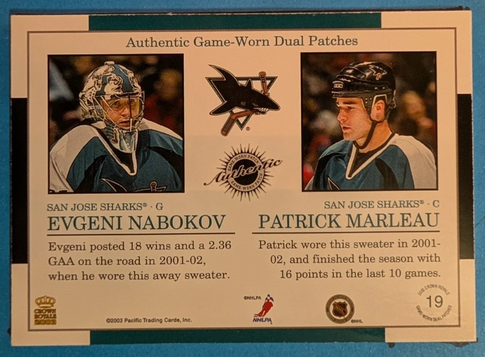 2002-03 Pacific Crown Royale /163 Evgeni Nabokov Patrick Marleau #19 Dual Patch - Image 2 of 2