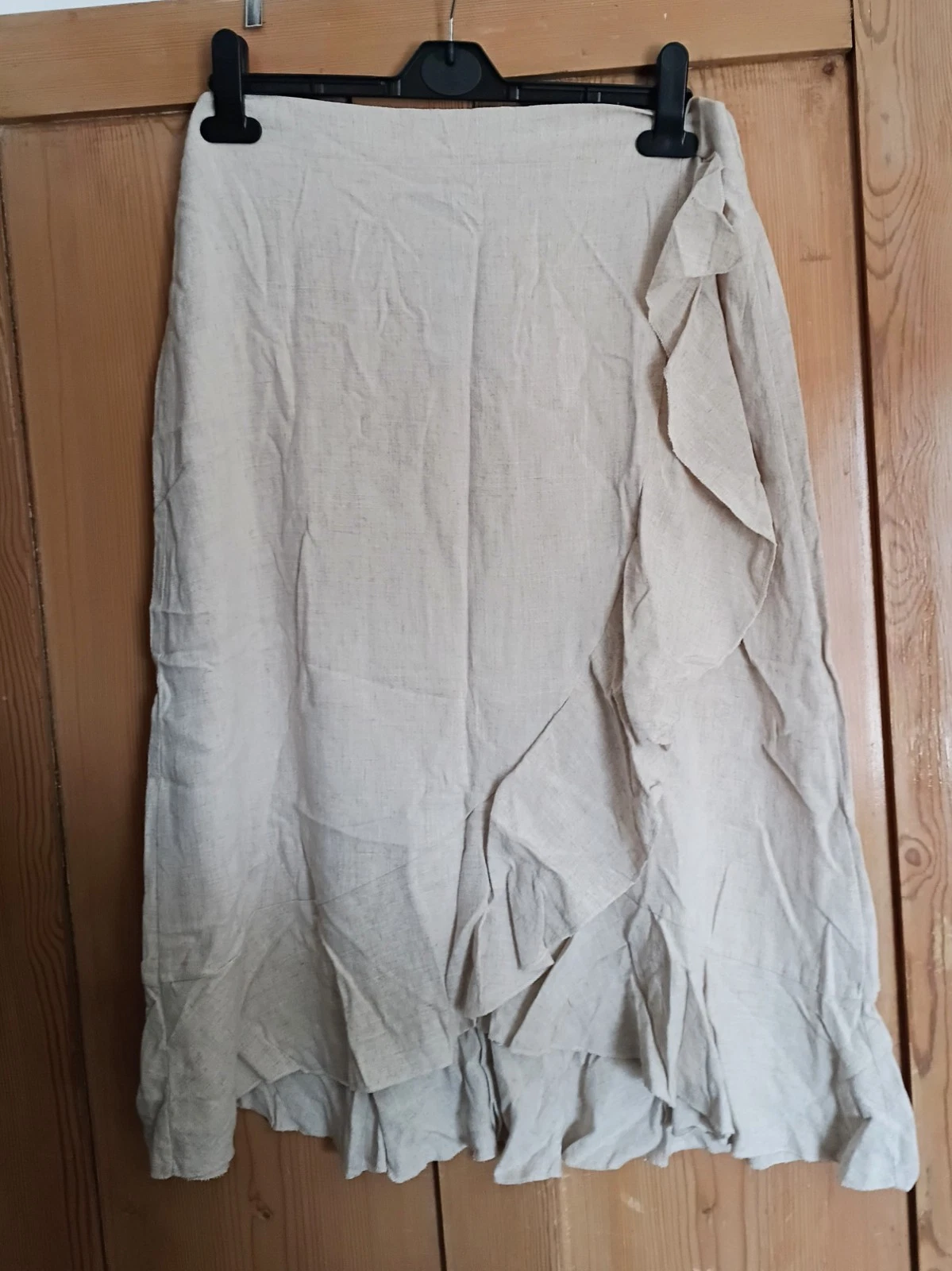 Quiz beige linen blend frilled midi skirt 14 bnwt
