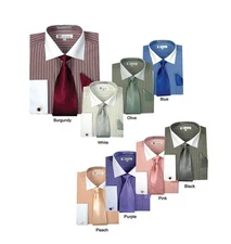 Men's Striped Formal Casual Dress Shirt with French Cuff Links,Tie and hanky 
