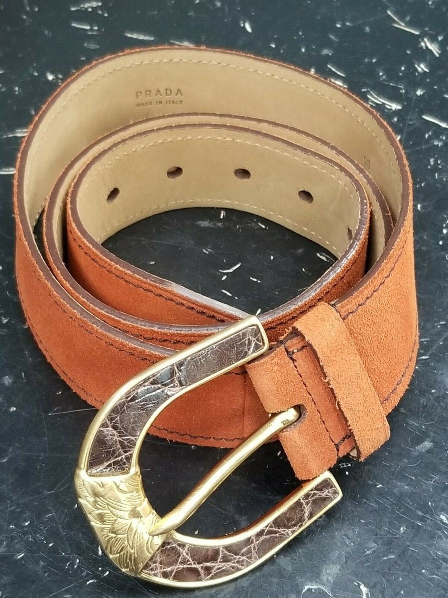 Prada Womens Embossed Leather Buckle Orange/Brown Suede Belt 