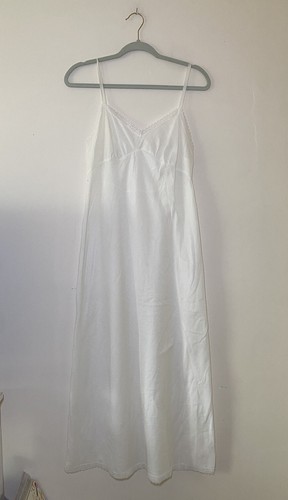 Vintage White 100% Cotton Long Slip Dress Lace Trim Size Small
