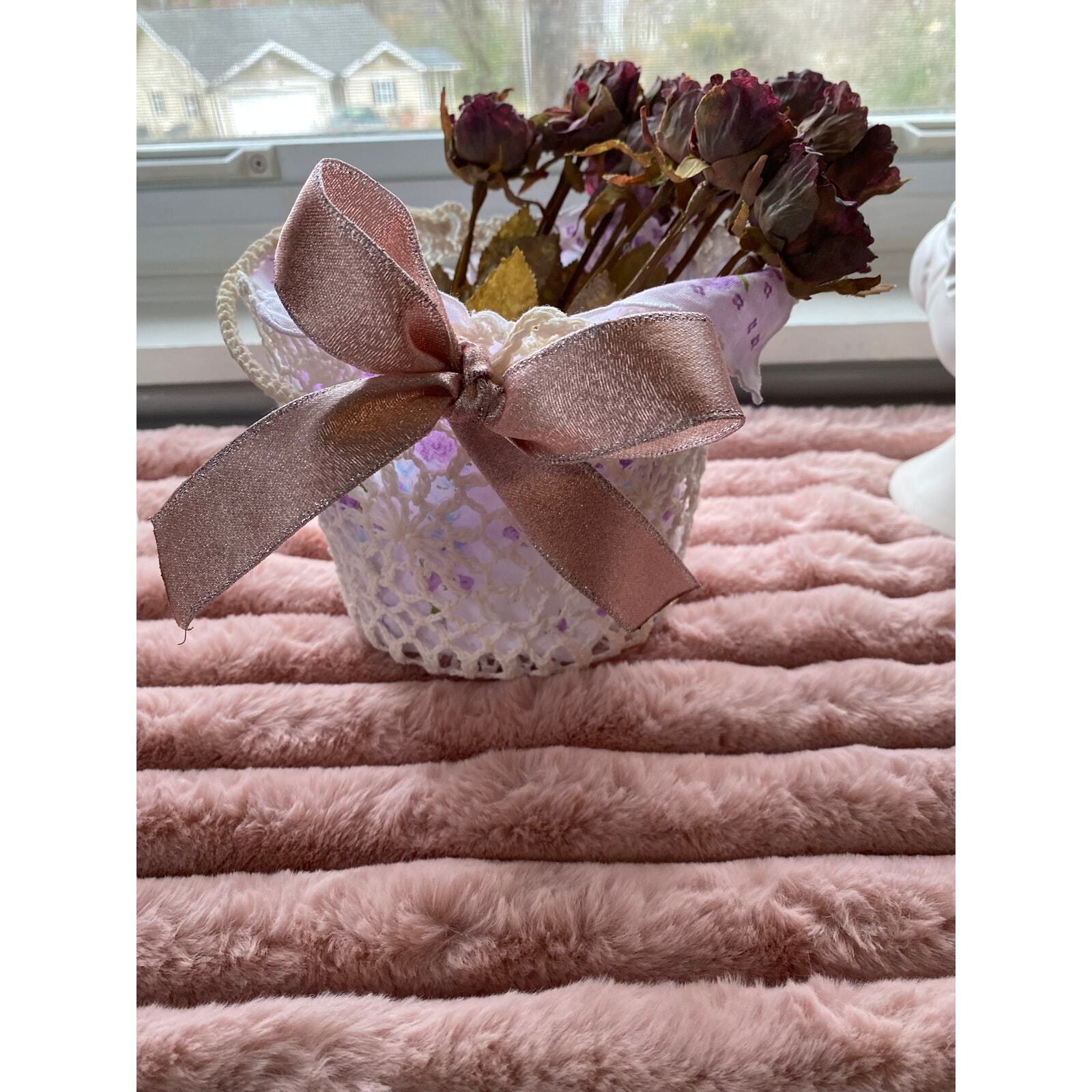 Dried Flowers in Crocheted Bucket, Matching Floral Handkerchief, Handmade!-image