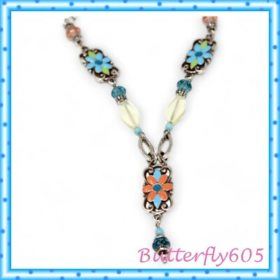 #ad Brighton Sunjoy Sun Joy Flower Reversible Beaded fSilver Necklace NWT $47.60