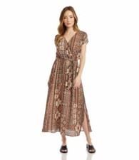 NEW KAREN KANE BROWN BLUE RAYON MAXI FLARE BELTED DRESS SIZE XL $159