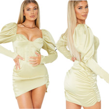 PrettyLittleThing Puff Sleeve Corset Bodycon Mini Dress Womens 6 Olive Green NWT