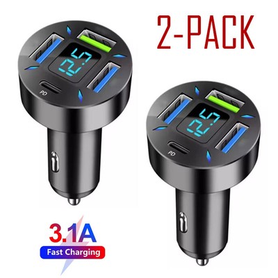 2-Pack Super Fast Car Charger Quad USB USB-C PD Power Cigar Lighter Socket 3.1A
