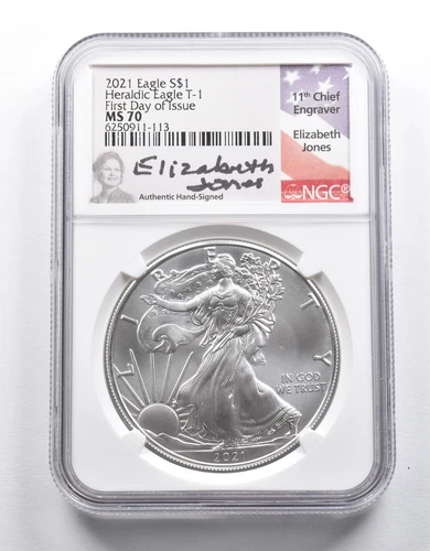 MS70 2021 American Silver Eagle Heraldic Eagle T1 FDOI Signed Jones NGC *2323