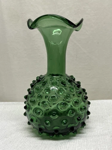 Fenton Vintage Blown Glass Green Hobnail Large 7 Inch Ruffled Vase