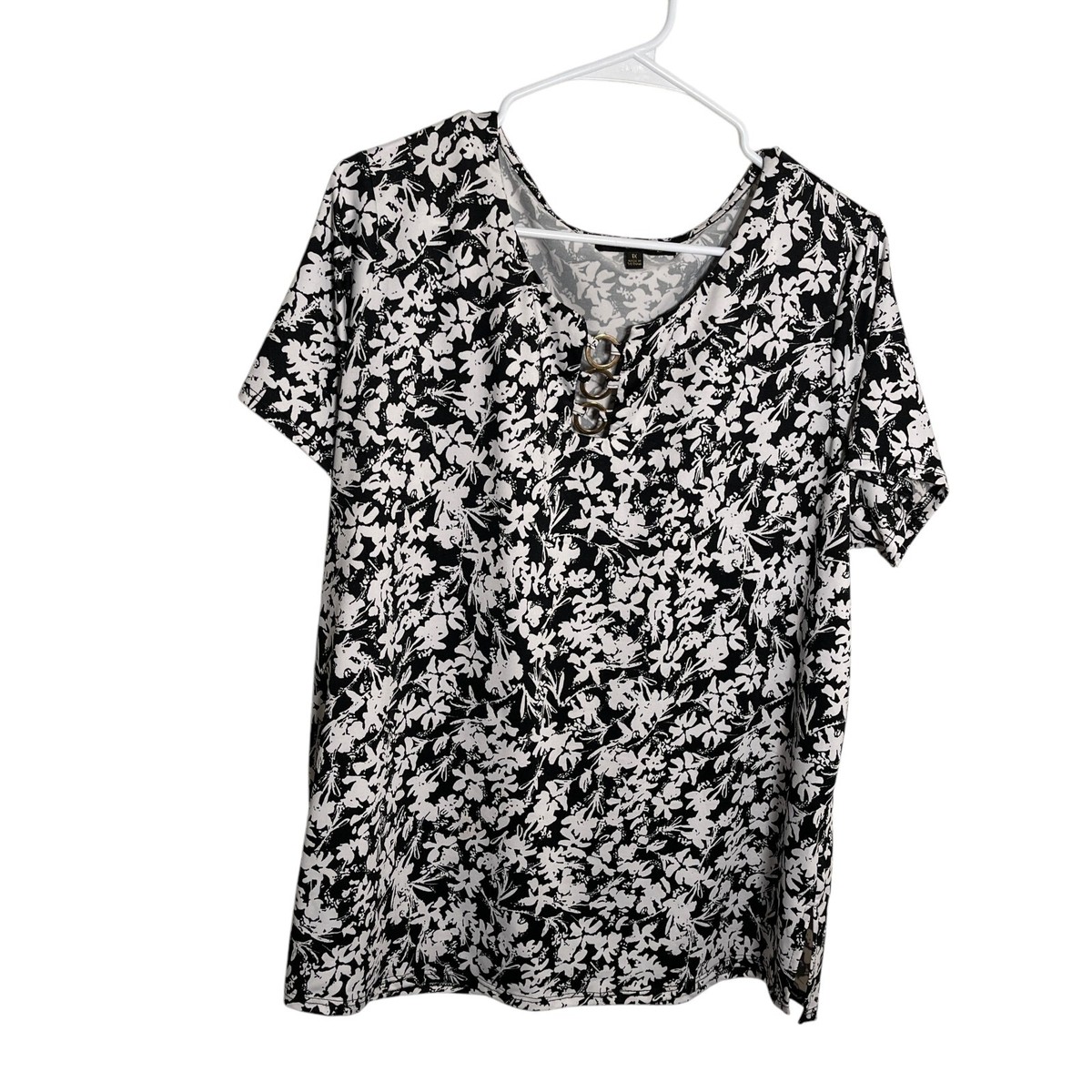 Always Indigo Shirt Women's 1X Black Floral Short Sleeve