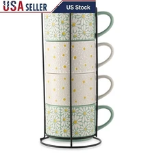4 Pack Stacking Floral Mugs Set Stoneware Dishwasher Microwave Safe Space Saving