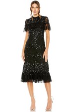 Mac Duggal Black Sequined High Neck Ruffled Midi Dress Size 12 $498