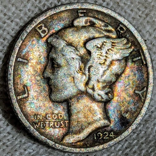 1924 Mercury Dime Fine : Monster Rainbow Tone, Valuable Date - Only 4,000 Left