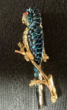 GERRYS Signed Blue Parrot Brooch Pin Red Rhinestone Eye GoldTone Bird on Branch