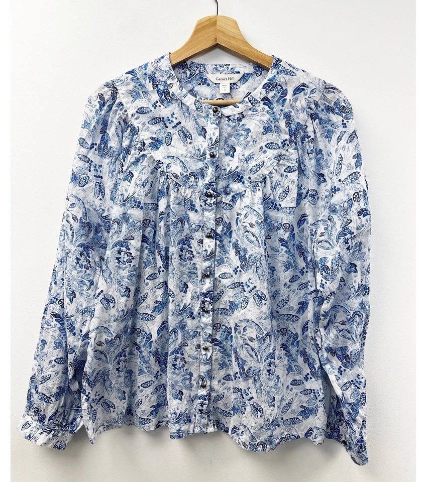 Garnet Hill Dakota Organic-Cotton Voile Blouse Blue White Floral Sz 16 - Image 2 of 4