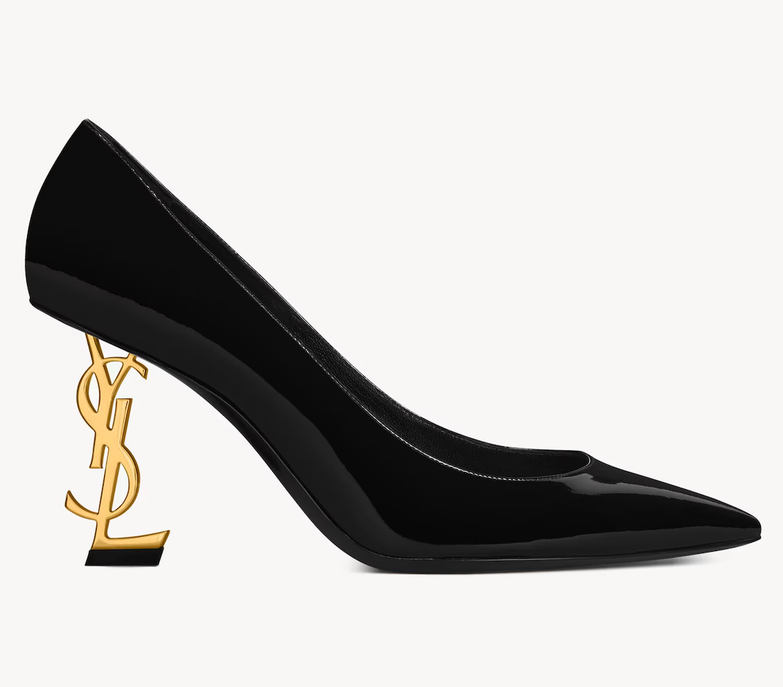 Saint Laurent Opyum 85 nero vernice oro logo YSL tacco a punta pompa 36