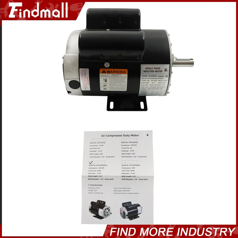 5HP SPL Air Compressor Motor 3450 RPM Single Phase Electric Motor 230V 56HZ 7/8" - Image 2 of 4