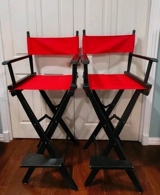 2 Pier One TALL Folding Directors Chair Red Canvas Hardwood Foot Rest 