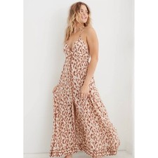 Aerie Ikat Print Open Back Maxi Dress Brown White Large Boho Slit Halter