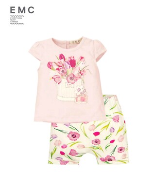 EMC 2tlg T-Shirt & Shorts Baby Girl FLOWER Bouquet Strass  Gr 74 80 86 92 98 NeU