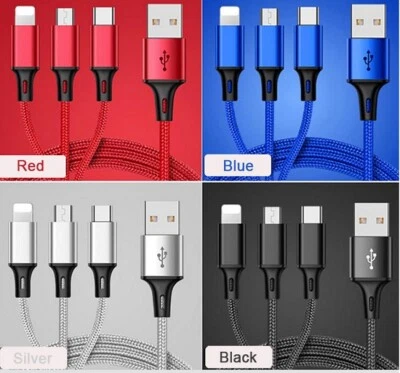 3 in 1 Multi Head USB Charger Charging Cable for Most Devices -5 Colours