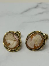 12k Gold Filled Earrings Carved Shell Cameo Lady Vintage Screw Back
