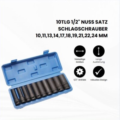 10tlg 1/2'' Nuss Satz Schlagschrauber 10,11,13,14,17,18,19,21,22,24 mm 