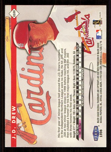 1998 Fleer Tradition Update #U100 J.D. Drew RC - Picture 2 of 2