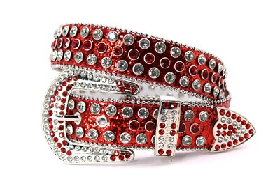 Rhinestone Western Belt Bling Silver Red Clear Unisex Men Pant 46 Cinto Vaquero