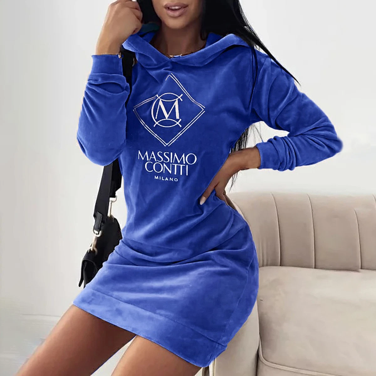 Hoodie Dress Long Sleeve Printed Pure Color A-line Dress Lady