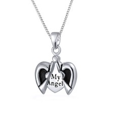 Praying My Angel Wing Heart Pendant Sterling Silver Necklace 18"