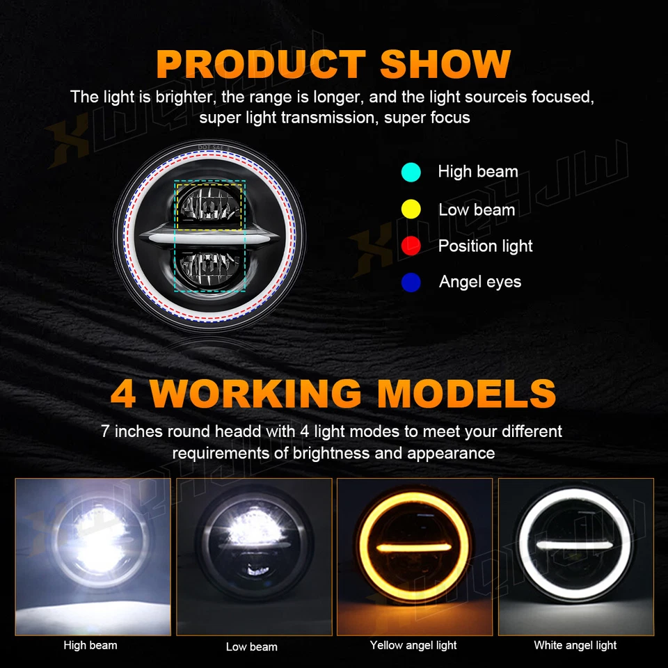 Par de faróis de feixe de vedação redondo LED lente de vidro LED para Jeep Wrangler 7" polegadas - Imagem 4 de 4