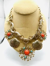 CHARMING CHARLIE Charm NECKLACE Turquoise Coral Gold Chain Pearl Shell Nautical