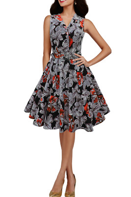 Vintage Vollkreis Blumenmuster Rockabilly Blumenmuster Swing Pin Up Abschlussballkleid Größe 8-24