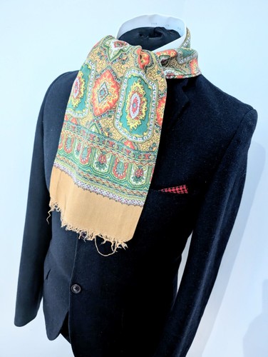 Men's Vintage Geometric Scarf, Gents 60's Wool Orange Scarf Opera Cravat - Picture 2 of 8
