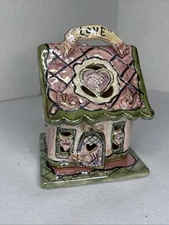 2002 Blue Sky Clayworks LOVE HOUSE Cottage Heather Goldminc Candle Tea Light 6"