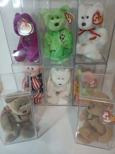 Lot of 8 Vintage Ty Beanie Babies Display Case Included