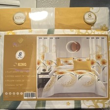 LILIANA King 8-Piece Sheet Set White/Yellow Floral w/ 2 Curtains  4 Pillowcases