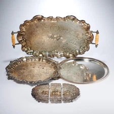 English Silver Plated Round Oval Footed Salver Server Expandable Trivet Tray 4pc