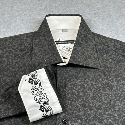Luchiano Visconti Dress Shirt Mens S Black Floral White Flip Cuff Cotton NWT