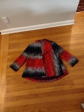 black, grey, and red abstract scribble pattern whimsical blazer talk of the walk