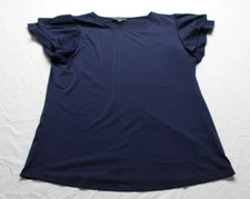 Fortune + Ivy Women's Short Ruffle Sleeve Round Neck Blouse EJ2 Navy Medium