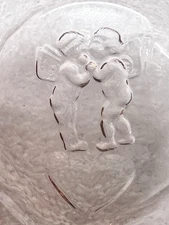 OLD Teardrop Intaglio PINK Glass Open Salt Dip 2 Fat Cherubs on Heart Cloud