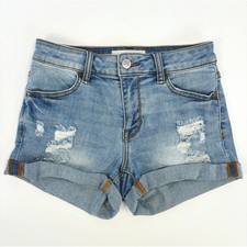 PacSun High Rise Distressed Cuffed Stretch Denim Shortie Shorts 23 Light Wash