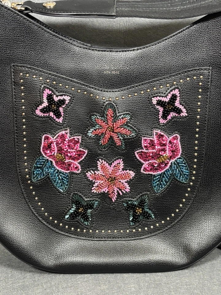 Bolso de Hombro Hobo Floral Henri Bendel Cuero Negro Bordado Cartera Foto 4 de 4