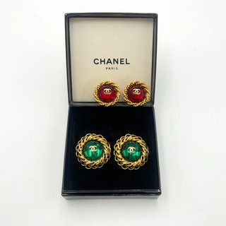 Auth Chanel CocoMark Green/Red Stone GD Earring 2420/94A Engraved W/B BA120741 3